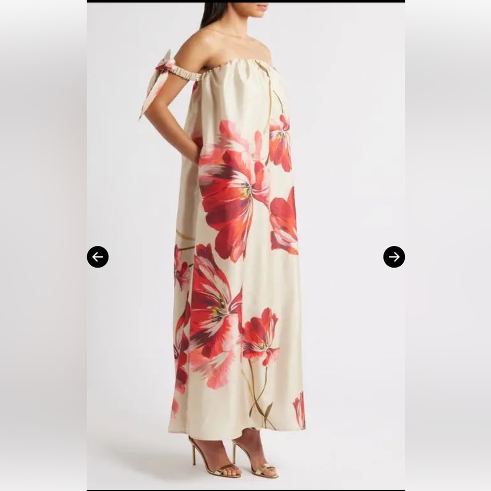 HUTCH Iris Off-Shoulder Maxi Dress | Floral, Bow - Beige